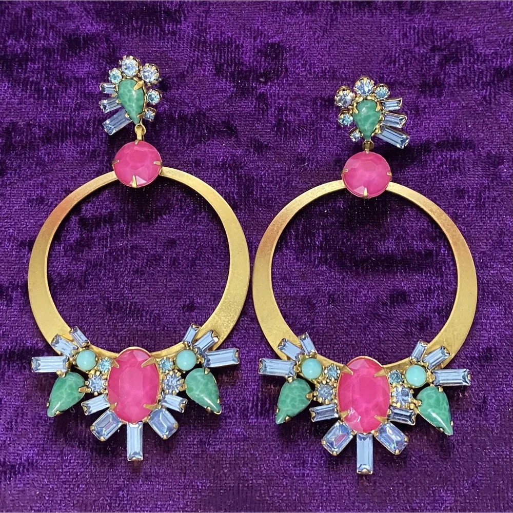 Elizabeth‎ Cole Pink Crystal Drop Dangle Earrings Speckled Cabs Hoops Post Glam - Picture 9 of 9